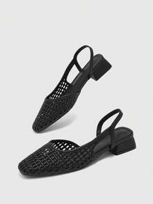 CUCCOO BIZCHIC Zapatos de tacón grueso con punta puntiaguda y bloques de color para mujer, primavera/verano - Negro brillante - Ver 5