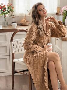Snug Reverie Long Sleeve Patchwork Wood Ear Trim Floral Velvet Long Robe, Autumn/Winter - Khaki - View 5