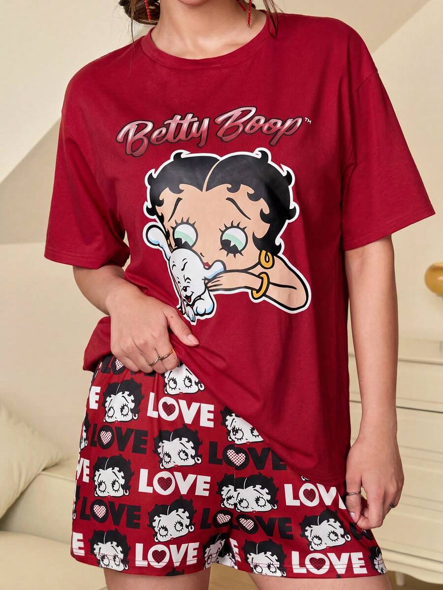 Betty Boop x SHEIN 女士休闲卡通图案圆领短袖上衣和短裤红色睡衣套装,夏季 - 紅色 - 查看 1