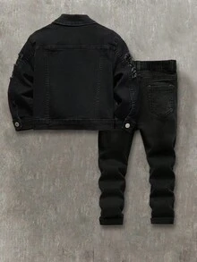 SHEIN 男童黑色丹寧彈性修身長袖夾克與破洞拼接長褲2件套 - 黑色 - 查看 2
