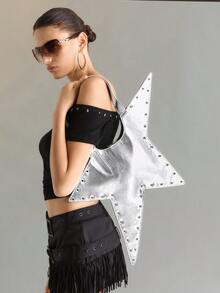 Viva Strut 1pc Star Shape Shoulder Bag, Sliver Faux Leather, Fashion, Personalized, Versatile, Street Style, Sweet Cool Girl, Hot Girl, Y2K, Rivet. - Silver - View 2
