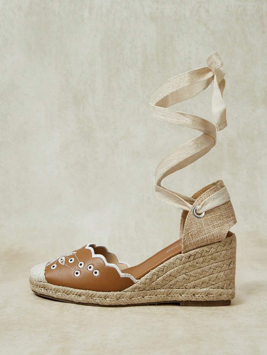 Styleloop Ladies, Rubber Band Cross Strap, Straw Rope, Sandals, High Heels. - Brown - View 1