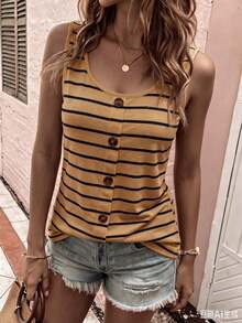 SHEIN 女款休閒條紋圓領背心上衣，前開扣無袖上衣，適合日常穿著與度假，淺黃色夏季款 - 彩色 - 查看 4