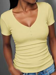 Slaydiva Camiseta de Talla Grande Casual Versátil de unicolor para Verano - Amarillo claro - Ver 5