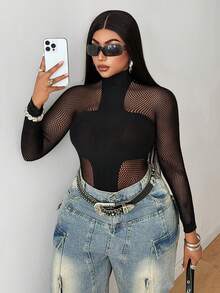 Maweii Plus Size Women's Hollow Design Fitted Sexy Top Fall - Black - View 1