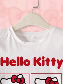 HELLO KITTY AND FRIENDS | SHEIN 少女休闲字母猫咪印花圆领短袖T恤，夏季 - 白色 - 查看 3
