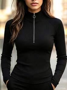 SHEIN Pure Black Textured Vertical Stripe Stand Collar Half-Zip Metal Ring Zipper Long Sleeve T-Shirt, Raglan Split Cut Slim Fit Cinched Waist Cropped Silhouette, Body-Flattering Daily Commute Base Layer - Black - View 3