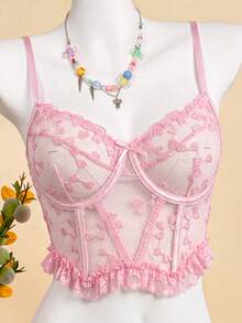 Nora Wilde 1pc Women's Elegant Heart Embroidery Mesh Bra Pink Summer - Pink - View 5