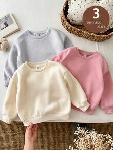 SHEIN LMoss Kids 女童 3 件組針織純色圓領寬鬆休閒秋季運動衫套裝 - 彩色 - 查看 6