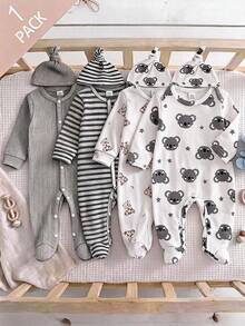 2pcs Newborn Long Sleeve Footed Jumpsuit Hat Set, Knitted Comfortable Soft Cute Koala All-Over Print Pattern Home Wear, Best Gift For Newborn, Versatile Fashion, Best Choice - Multicolor - View 1