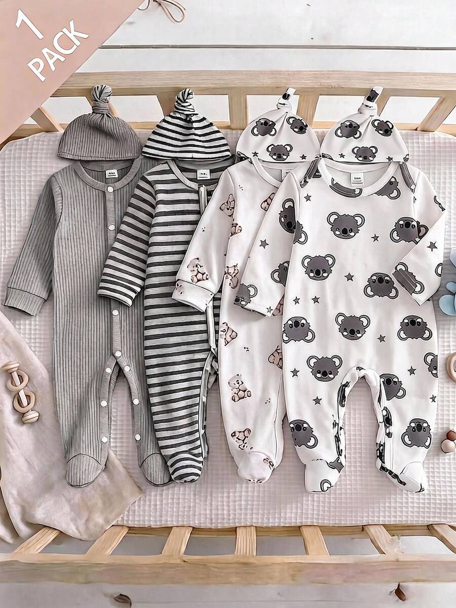 2pcs Newborn Long Sleeve Footed Jumpsuit Hat Set, Knitted Comfortable Soft Cute Koala All-Over Print Pattern Home Wear, Best Gift For Newborn, Versatile Fashion, Best Choice - Multicolor - View 1