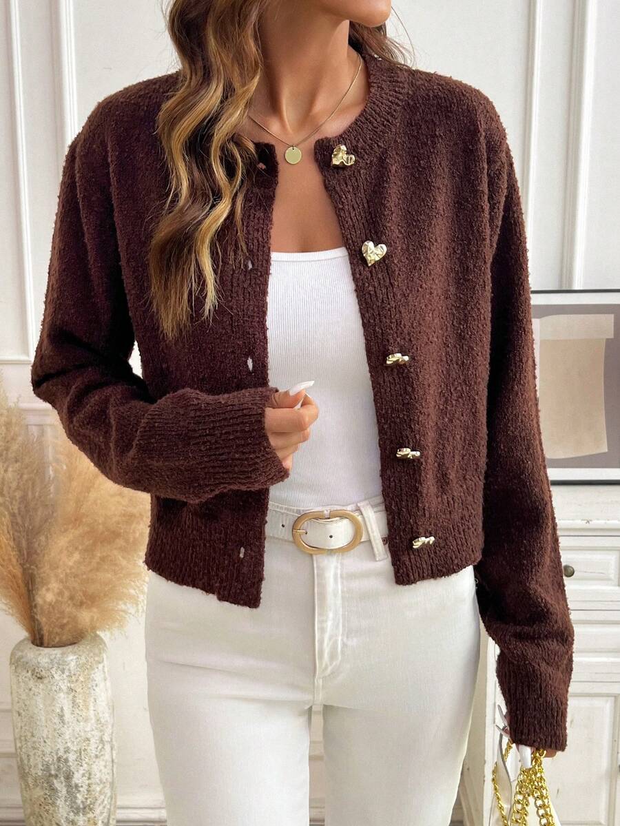 SHEIN Clasi Casual Solid Color Short Hollow-Out Knit Cardigan In Fall/Winter - Brown - View 1