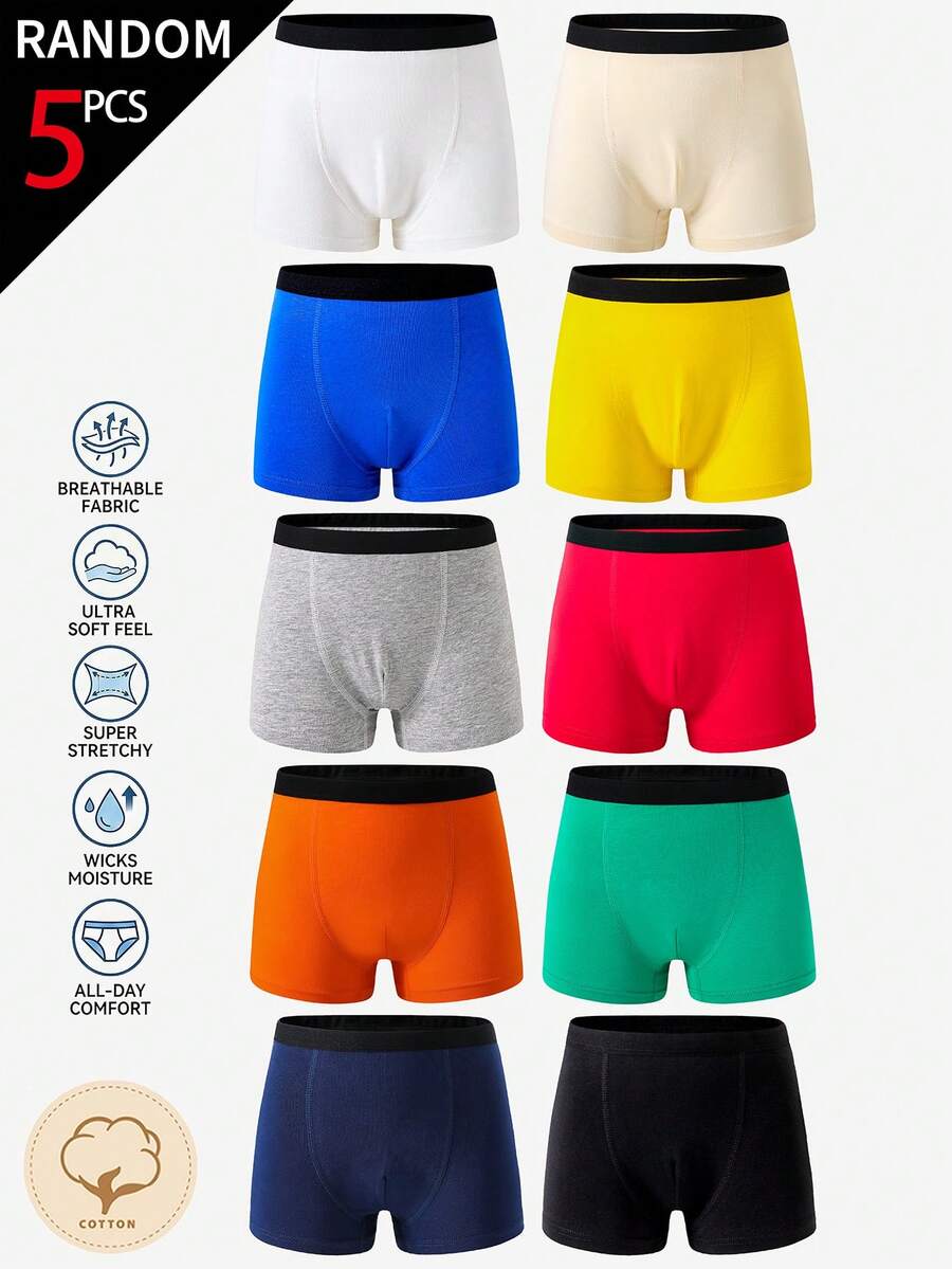 SHEIN 男童內褲 5入組 舒適棉質印花四角內褲 隨機款 酷萌蜘蛛圖案 紅色系多色多花紋 - 彩色 - 查看 1