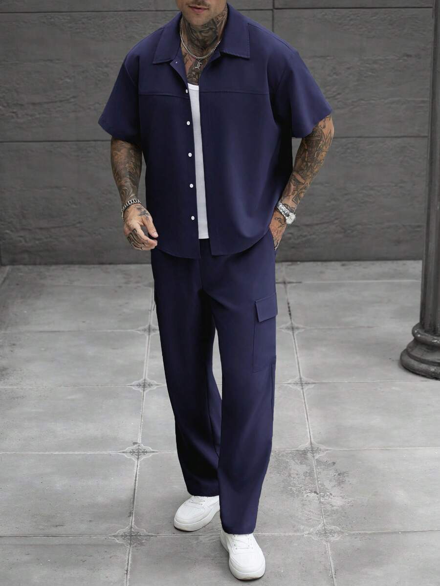SLATEMANN 男士純色短袖單排扣襯衫與工裝褲休閒套裝 - 藏蓝色 - 查看 1