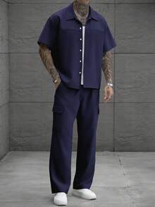 SLATEMANN 男士純色短袖單排扣襯衫與工裝褲休閒套裝 - 藏蓝色 - 查看 3