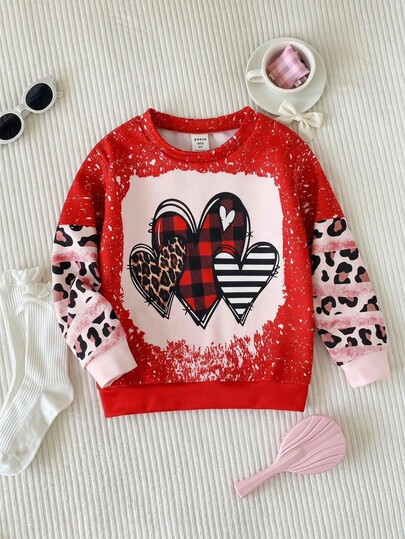 SHEIN 1pc Young Girl Casual Red Leopard Plaid Heart Graphic Print Crew Neck Sweatshirt,Autumn Family Matching Mommy And Me Set,Valentine's Day Sweatshirt