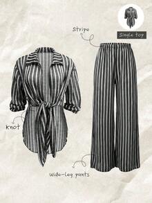 Swim SXY 女士春夏蓝白条纹提花面料开襟罩衫衬衫领和服 - 黑與白 - 查看 6