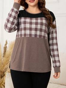 Lacomfia Autumn/Winter Elegant Casual Loose Versatile Print Element Patchwork Round Neck Pullover Long Sleeve Plus Size Women's T-Shirt - Multicolor - View 4
