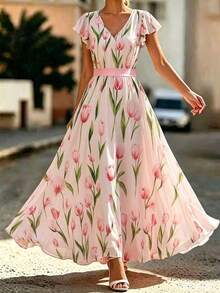 EMERY ROSE Plus Size Women's Floral Print V-Neck Ruffle Short Sleeve Elegant Dress Tea Party Vacation White Summer - Multicolor - View 3