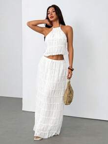 SHEIN PETITE Women's Solid Color Pleated Halter Neck Tank Top And Skirt Fashion 2-Piece Set - White - View 9