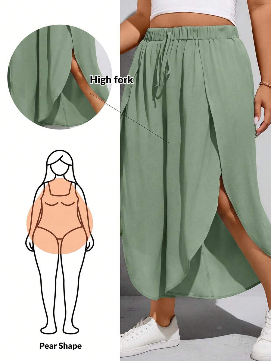 SHEIN Essnce 大尺碼夏季休閒純色開衩長褲 - 薄荷綠 - 查看 1