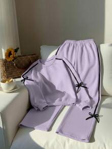 SHEIN Tween Girls 2pcs/Set Set Tween Girls Casual Cute Colorblock Ribbon Bow Decor Back-To-School School Lavender Autumn, Comfortable, Outfit, Daily - Purple - View 1
