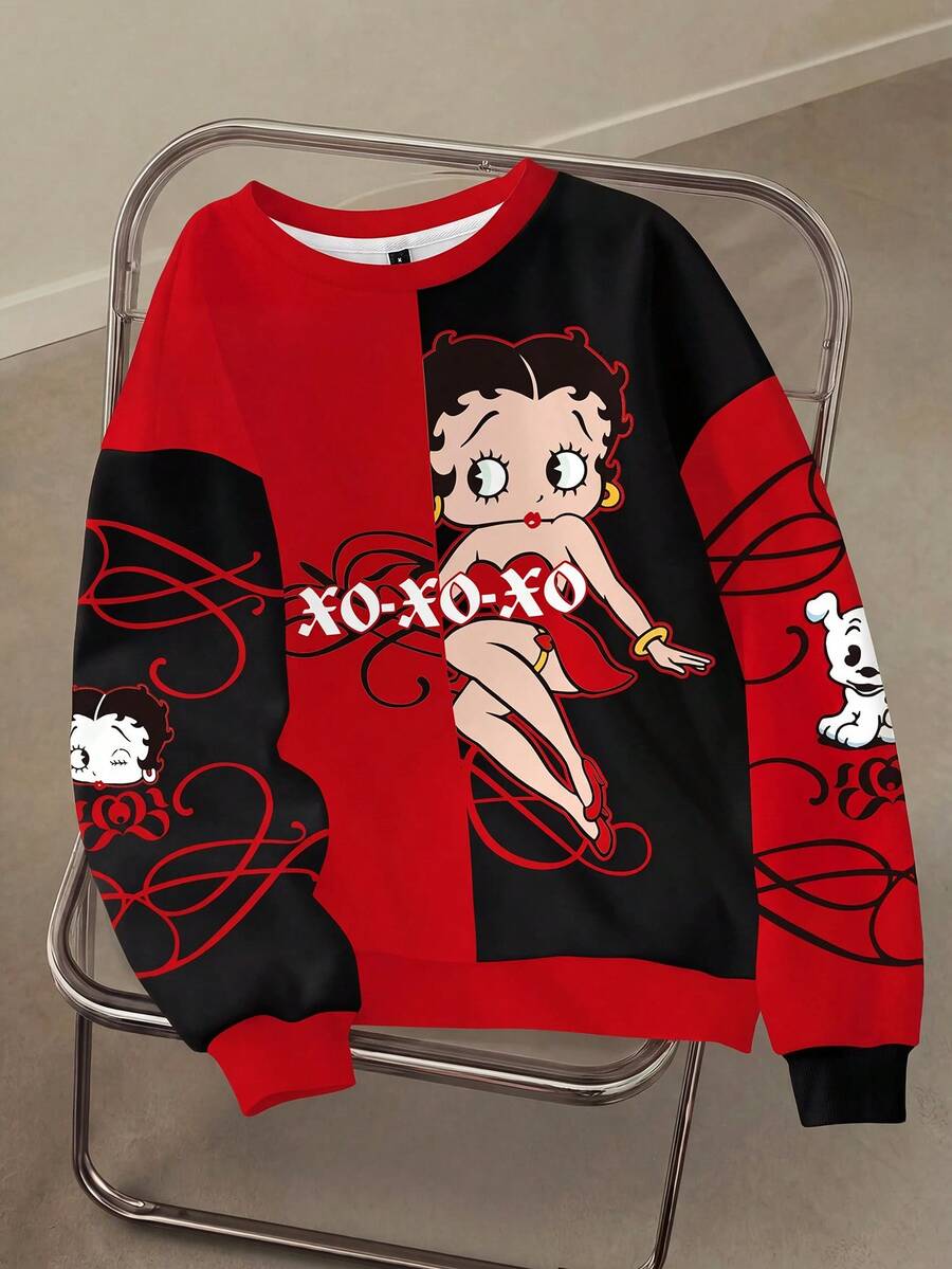 Betty Boop x SHEIN Women's Round Neck Long Sleeve Cartoon Pattern Letter Print Sweatshirt - White - View 1