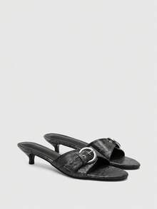 CUCCOO BIZCHIC Dark Gray Snake Pattern Belt Buckle Kitten And Sandals Kitten Heels - Dark Grey - View 1