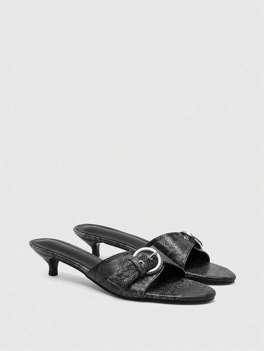 CUCCOO BIZCHIC Dark Gray Snake Pattern Belt Buckle Kitten And Sandals Kitten Heels - Dark Grey - View 1