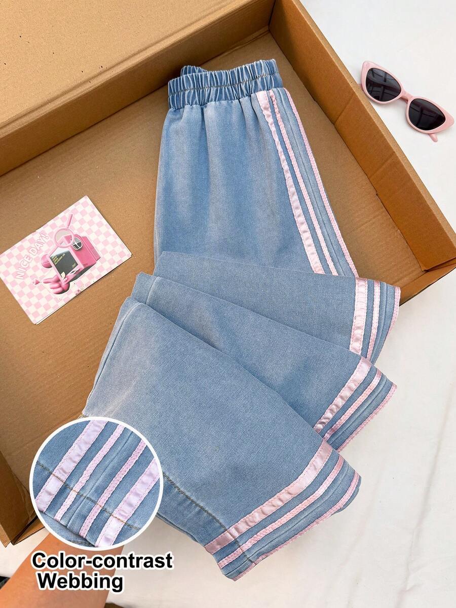 Comfortcana 女款彈性腰拼接色休閒街頭風百搭日常牛仔長褲 夏季開學牛仔褲 - 中等水洗藍 - 查看 1