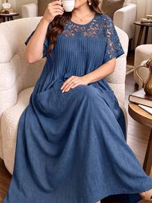 Lacomfia Damen elegantes minimalistisches gestreiftes Spitzen-Patchwork-Kleid mit aufgesetzten Taschen, locker und figurschmeichelnd, für den Sommer, Große Größen, Kurzarm - Blau - Übersicht 1