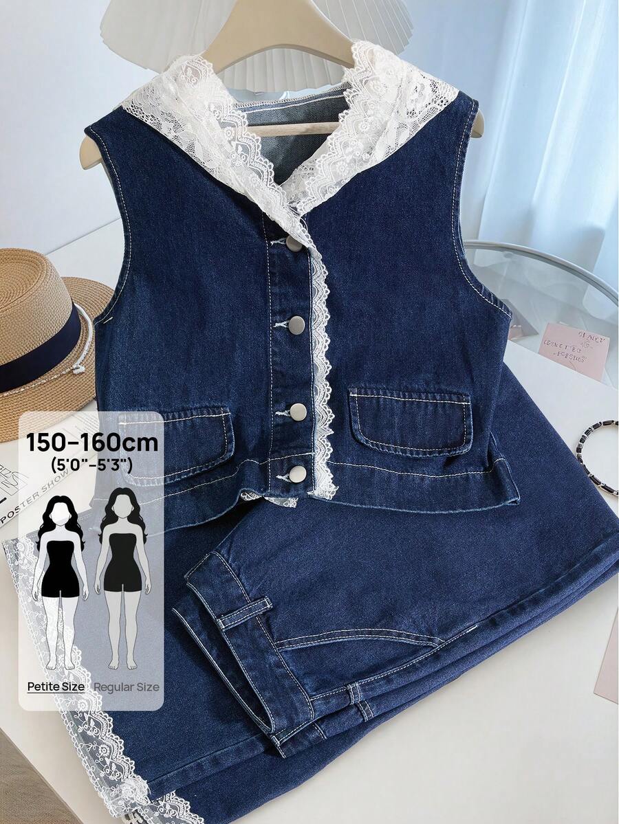 SHEIN PETITE 女款蕾絲拼接連帽背心與牛仔褲套裝 - 深色水洗藍 - 查看 1