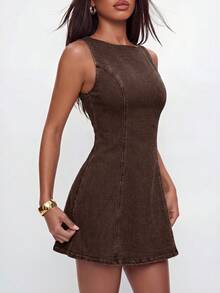 Avantive Women's Summer Casual Sleeveless Denim Dress - Brown - View 3