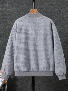 SHEIN 青少年男孩休閒街頭風可愛百搭紋理格紋棒球夾克，返校季，秋冬灰色 - 灰色 - 查看 3