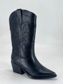 Nöista Classic Western Boot With Embroidered Detailing, Pointed Toe, Side Zip Closure And Stacked Block Heel For All-Day Wear. Fall Boots - Black - View 11