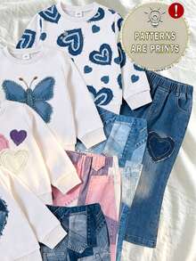 SHEIN 買4送1，少女甜美可愛時尚心形圖案印花圓領運動衫搭配圖案拼接印花喇叭長褲套裝 + 蝴蝶圖案印花圓領運動衫搭配圖案拼接印花喇叭長褲套裝，適合秋冬日常穿著 - 彩色 - 查看 6