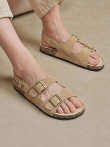 Solecia Three-Buckle Rear Strap Cork Sandals Women, Retro Suede Adjustable Buckle To Wear Boken Sandals - tawny - View 7