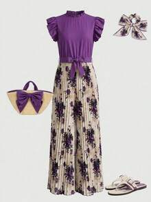 SHEIN Teen Girls Ruffle Collar Flutter Sleeve Detachable Waist Belt Floral Pleated Jumpsuit, Knit, Casual, Textured, Basic, Back To School - Purple - View 3