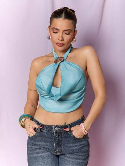 Dania Mndz Shop Women's Light Blue Criss-Cross Wrap Draped Halter Neck Tie-Dye Backless Tank Top,Seksi Chic Summer Beach Vacation Tops,Elegant Blouses Casual