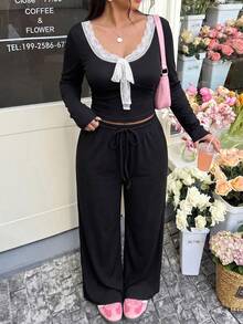 GalTyme Plus Size Contrast Color Lace Patchwork Drawstring Top & Pants 2 Pieces Set Fall - Black and White - View 5