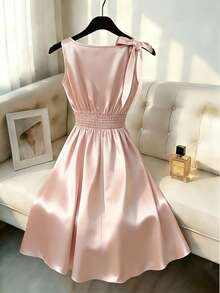 Elenzga Neues ärmelloses Kleid mit Schleifenträger Design, eleganter und jugendlicher Stil - Pink - Übersicht 2