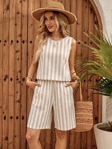 EMERY ROSE Conjunto de 2 piezas de camiseta sin mangas y pantalones cortos tipo bermuda estampados para mujer - Multicolor - Ver 3