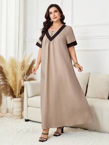 Al Najma Plus Size Women's Contrast Color Button Design Short Sleeve Arabic Style Hijab Modest Dress Egypt Holiday Evening Morocco Holiday Wedding Beige Summer - Khaki - View 5