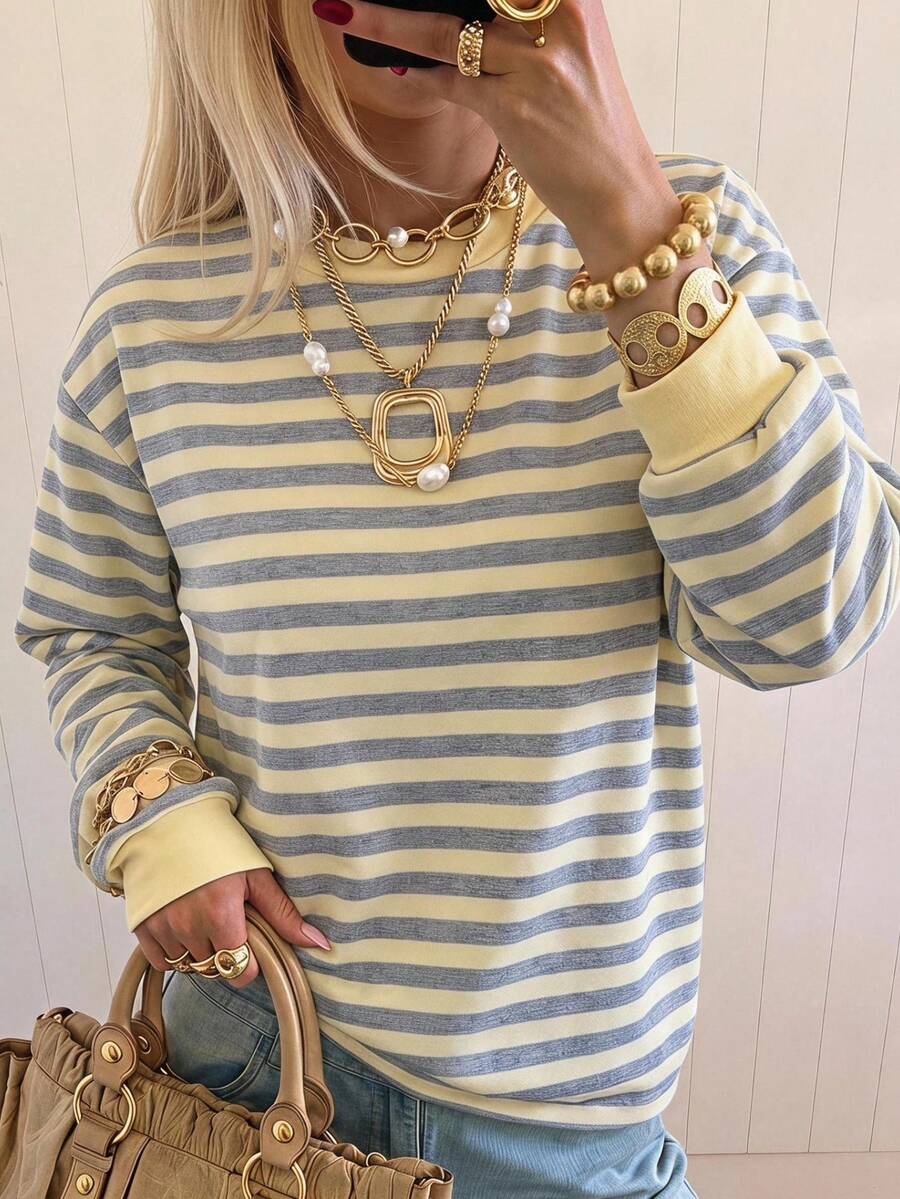 SHEIN EZwear 女款時尚百搭條紋長袖圓領運動衫