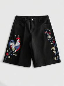 ROMWE MEN 男士刺繡圖案寬鬆版型牛仔短褲 - 黑色 - 查看 1