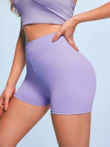 SHEIN Sovereign Charm Women's Solid Color High Waist Casual Versatile Daily Travel Sports Shorts - Purple - View 4