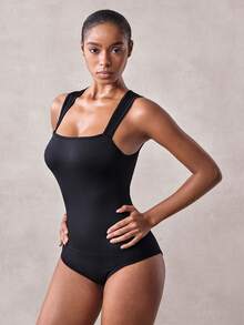 Veilyse 1Pc Women Ribbed Square Neck Sleeveless Bodysuit, High Stretch Seamless Tummy Control Slim Fit Shaper Tank Top Back To School - Black - View 9