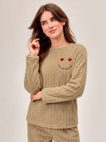 RueChic Women Crew Neck Long Sleeve Graphic Detail Casual Loungewear Set - Camel - View 4