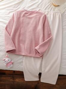 SHEIN 青少年時尚可愛熊刺繡圖案長袖長褲舒適抓絨布家居服套裝 - 粉色 - 查看 2