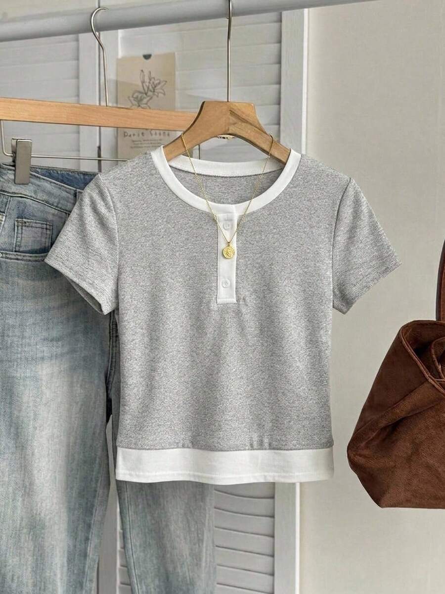 Tseoso Casual Minimalist Style Grey Contrast Color Women's 2 In 1 Patchwork T-Shirt, Suitable For Spring, Summer And Early Autumn, Versatile Style - Multicolor - View 1